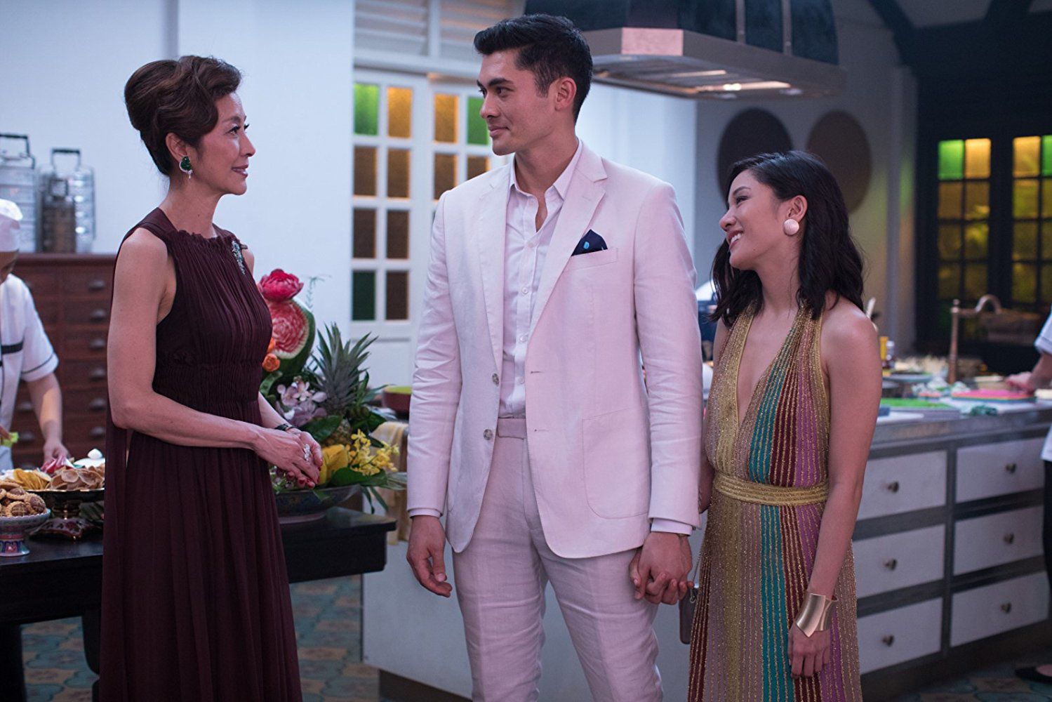 Michelle Yeoh, Constance Wu, and Henry Golding in "Crazy Rich Asians"